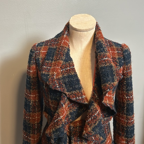 Anthropologie Tabitha Blue Waist Tie Tweed Ruffle Collar Plaid Wool Blazer Sze 0 - Picture 14 of 16